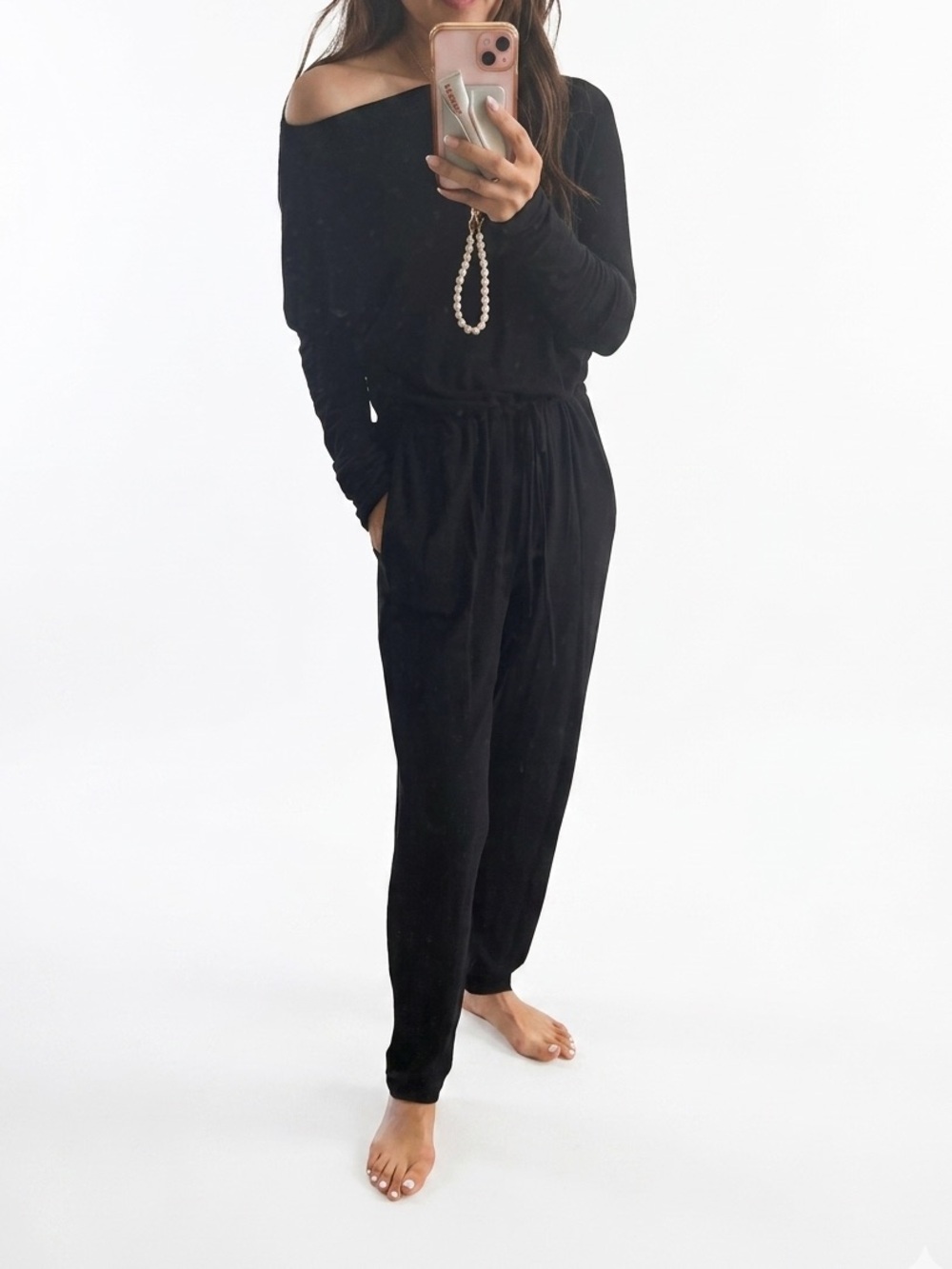 Enza Costa Black Off-Shoulder Drawstring knitted Jumpsuit
